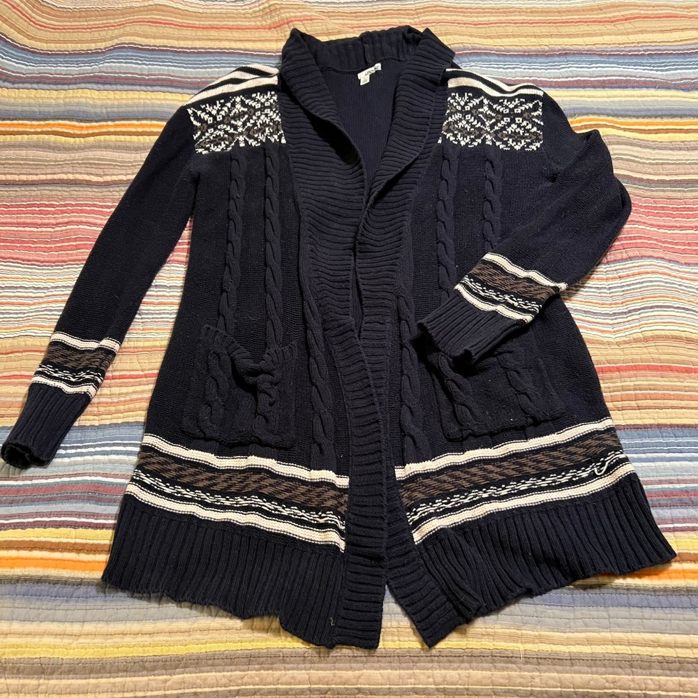 ABOUND Women Navy Blue Cable Knit Shawl Collar Long Cardigan Sweater Size L‎